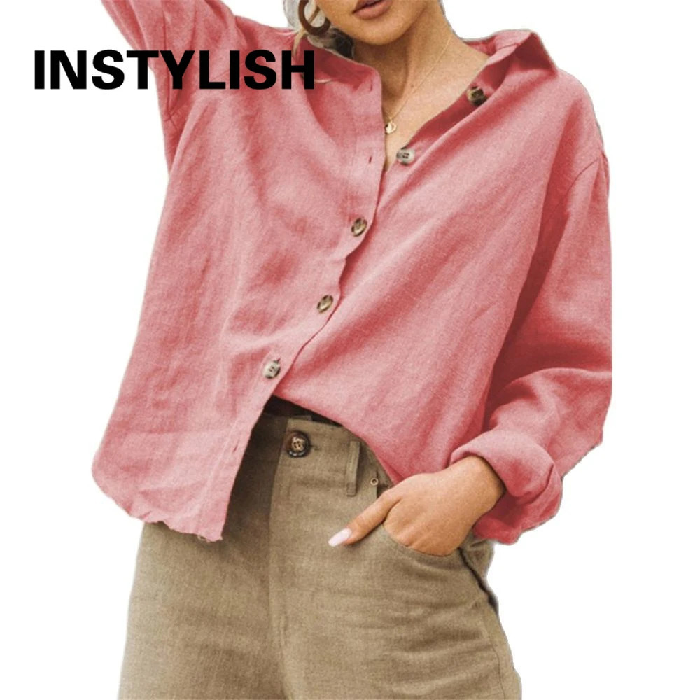 Casual Long Sleeve Cotton Linen Loose Womens Blouse Elegant Solid Vintage Harajuku Button Up Shirt Streetwear Oversized Tops 250318