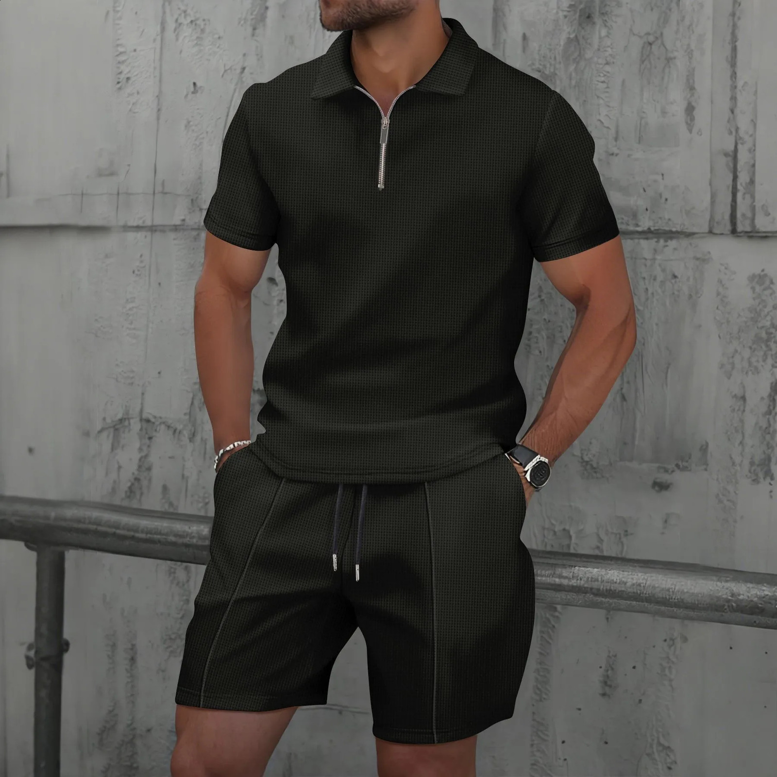 Mens European and American Summer Waffle Solid Color Zipper Collar Short Sleeve Set Two Sets 250318