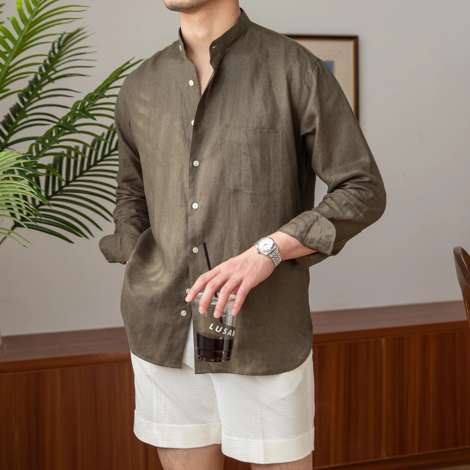 Homemade commuting lightweight mature casual breathable pure 100% linen long sleeved mens fully matched holiday collar shirt 250317