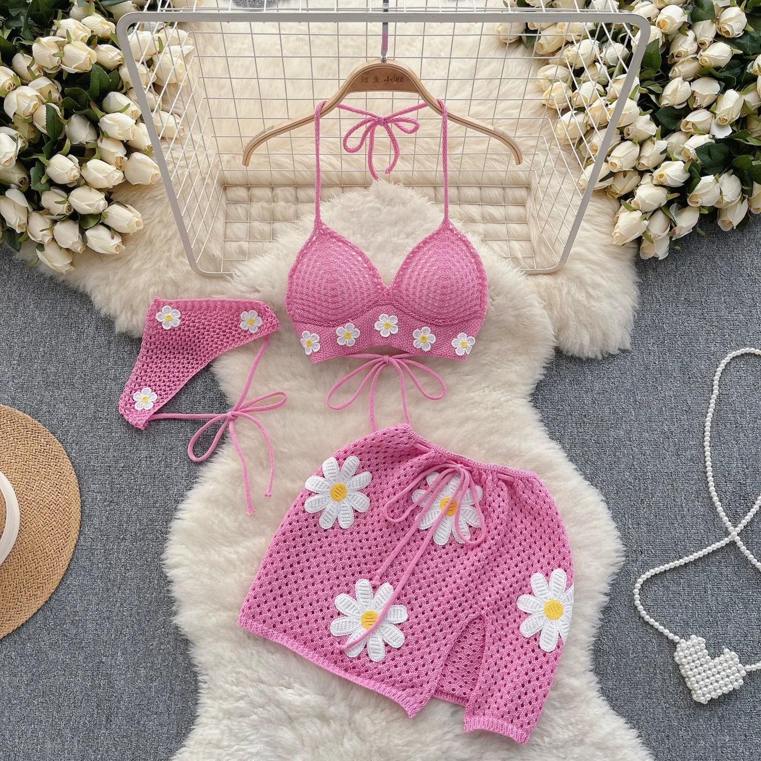 Summer Hollow Knitted Set Womens Strap Lace Bow WaistDrawstring Split Mini Skirt Two Piece 250318