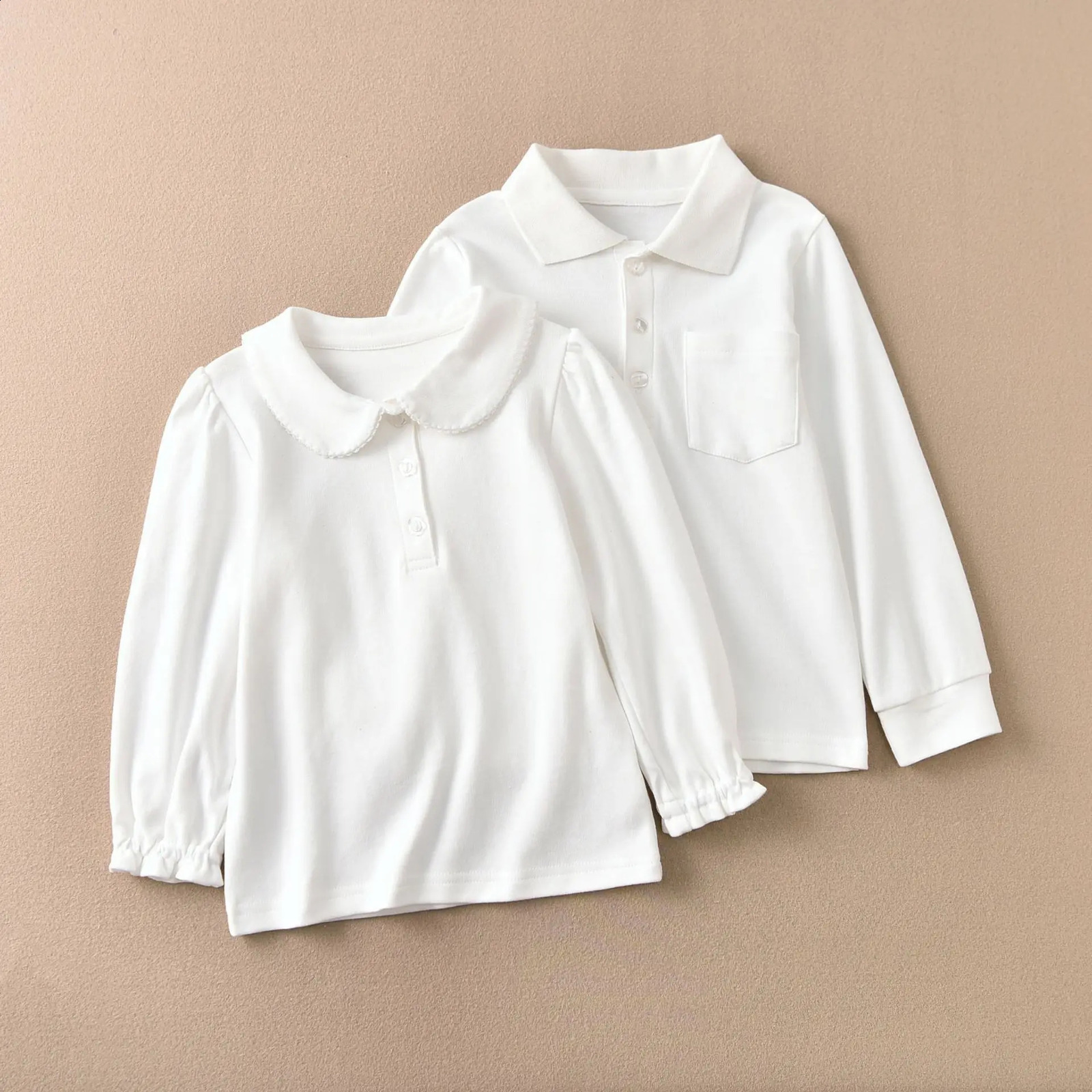 Girls Cotton Polo Shirt Children White Long-sleeved T-shirt Loose Breathable Size 90-170 250319