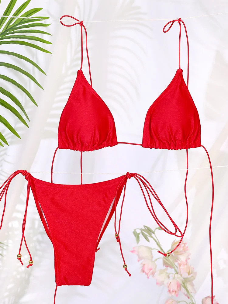 Sexy Triangle Mini Bikini Set Micro Thongs Red Swimsuit Women Bathing Suit Bandage Beachwear Print Swimwear Thong 250311