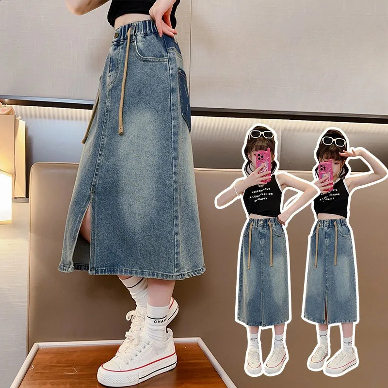 Girls Denim Skirt Spring and Autumn Large Childrens Long Skirt Childrens Fashion Slit Skirt Childrens Wear 250319