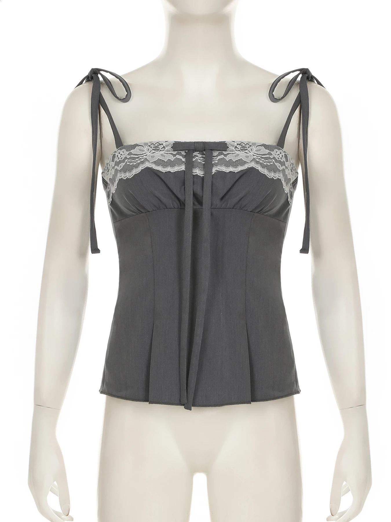 IAMSURE Sweet Lace Trim Bandage Camis Top Holiday Slim Slant Neck Sleeveless Tank Womens 2025 Summer Fashion Street Clothing 250319