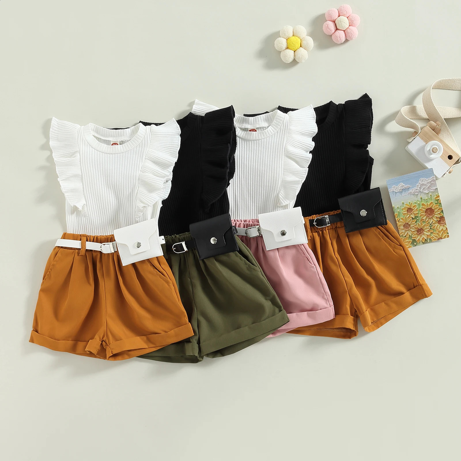 Children infants girls summer clothing flight sleeves ribbed tank tops and elastic casual shorts with belt set 9M4T 250312