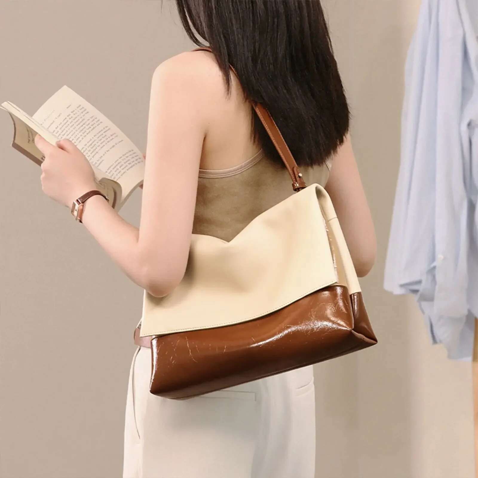 ITAMOOD Genuine Textured Leather Shoulder Versatile Daily Commuter Handbag Vintage Original Women's Tote Bag