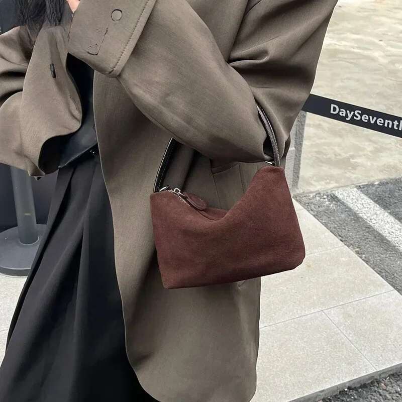 Mini Pouch Suede Cowhide Portable Lunch Box New Versatile Hand Bag Retro Shoulder Messenger Purse