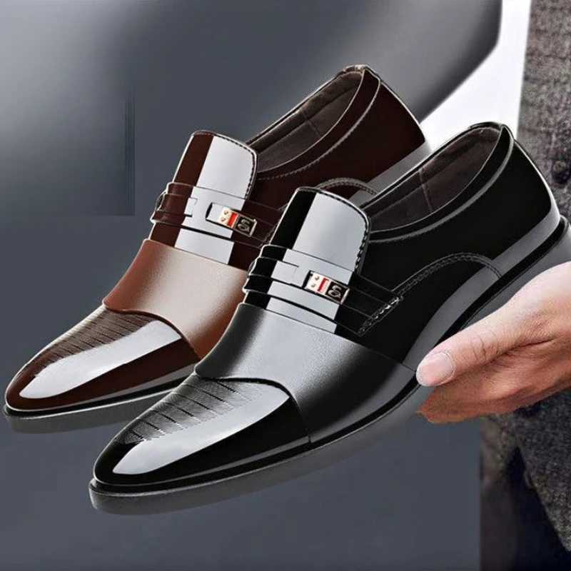Fi black PU leather shoes slip formal mens shoes Plus size pointtoe wedding shoes mens elegant business casual shoesXJ250319