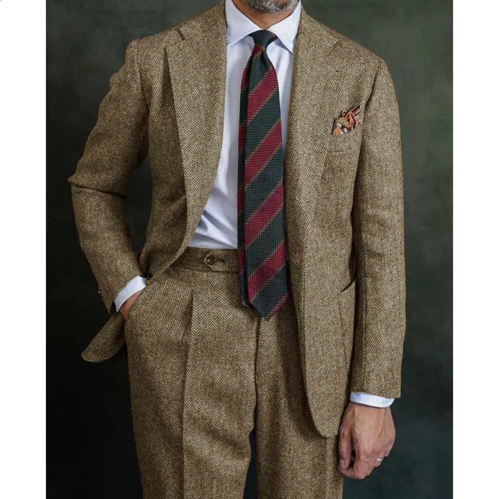 Mens Herringbone Suit Two Piece Elegant Pants Set Casual Clothing Halloween Party 250311