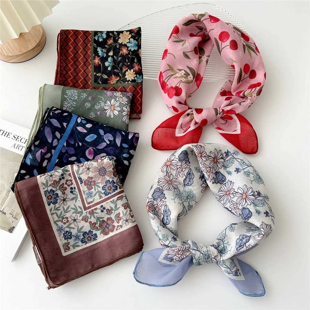55cm Womens Cotton Linen Spring and Summer Square Scarf Suitable for Korean Fashion Band Fashion Decoration Hair Flower Neck Scarf X250319