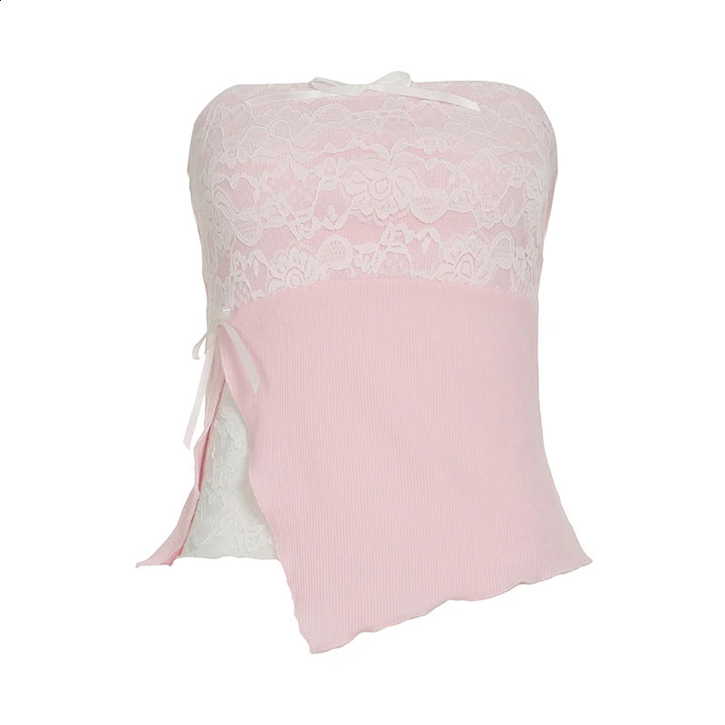IAMTY Contrast Lace Splicing Tube Top Coquette Aesthetic Strapless Crop Cute Bow Decorative Jar Y2K Sexy Womens Tank 250319