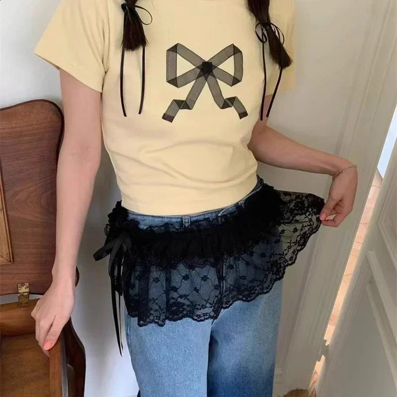 Neploe 2025 Summer Skirt for Women Heavy Lace Frenum Fungus Faldas Mujer Y2k Grunge High Waist Ruched Black Skirts 250319