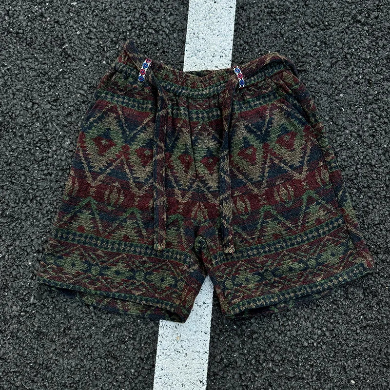 Gypsy style knitted shorts mens retro ethnic print knee high five pants hippie pocket shorts straight casual shorts 250317