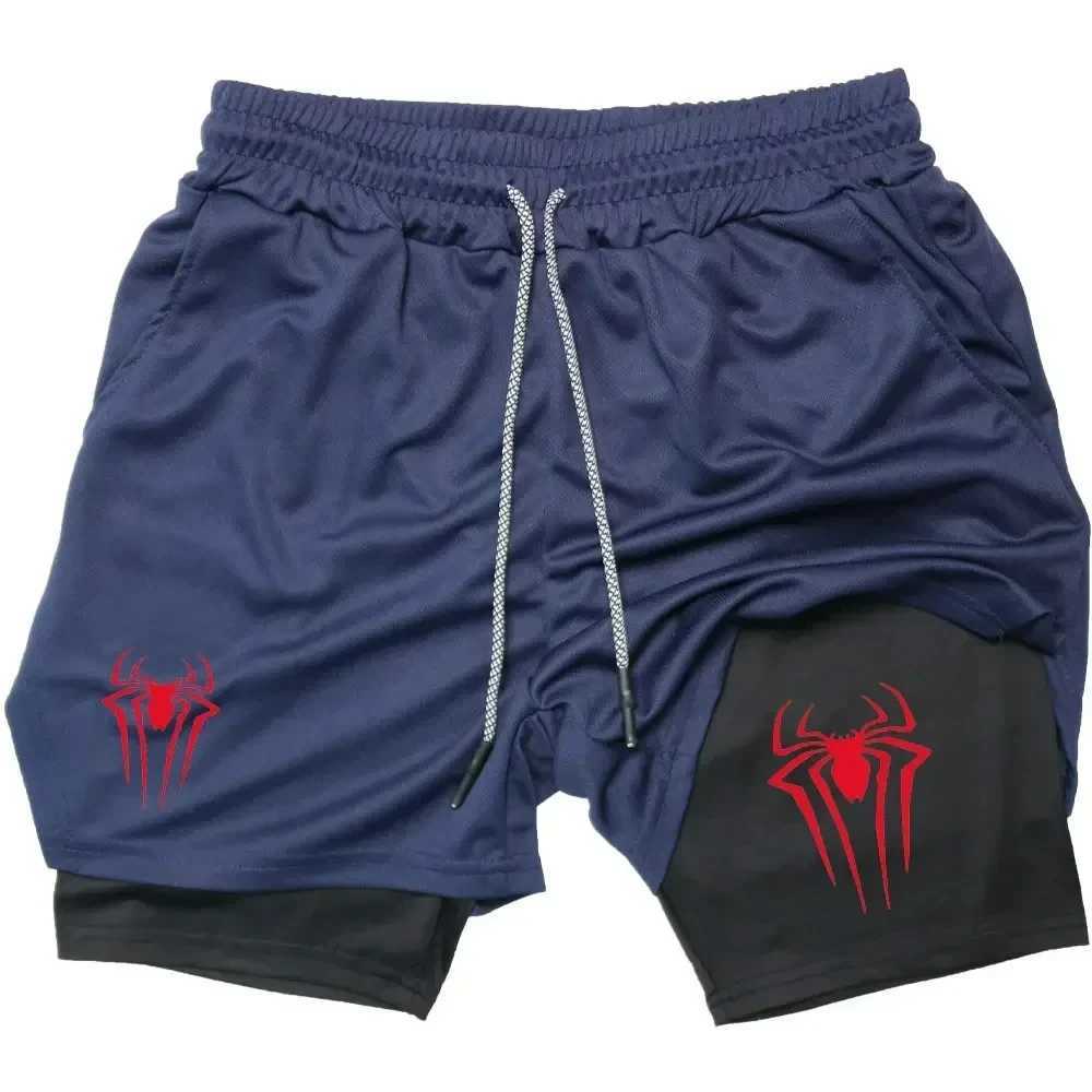 Mens spider printed compression shorts gym workout shorts Y2K with pockets 5 inches quick drying breathable 2-in-1 W250319