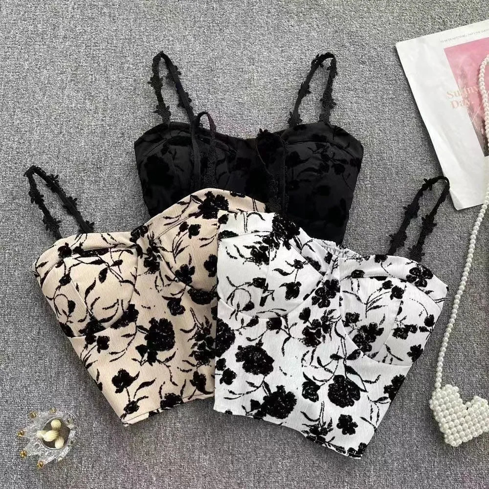 Womens Sweet Elastic Camis Underwear Pads Bra Italian Noodles Cute Crop Top Printed Tank Summer 2025 Sweetheart Rose 250319