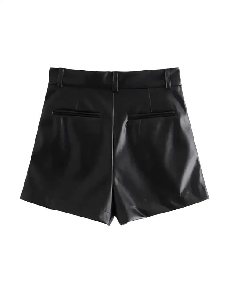 TRZA-Womens Faux Leather Shorts with Side Pockets High Waist Zipper Fly Female Short Pants Chic Fashion 250319