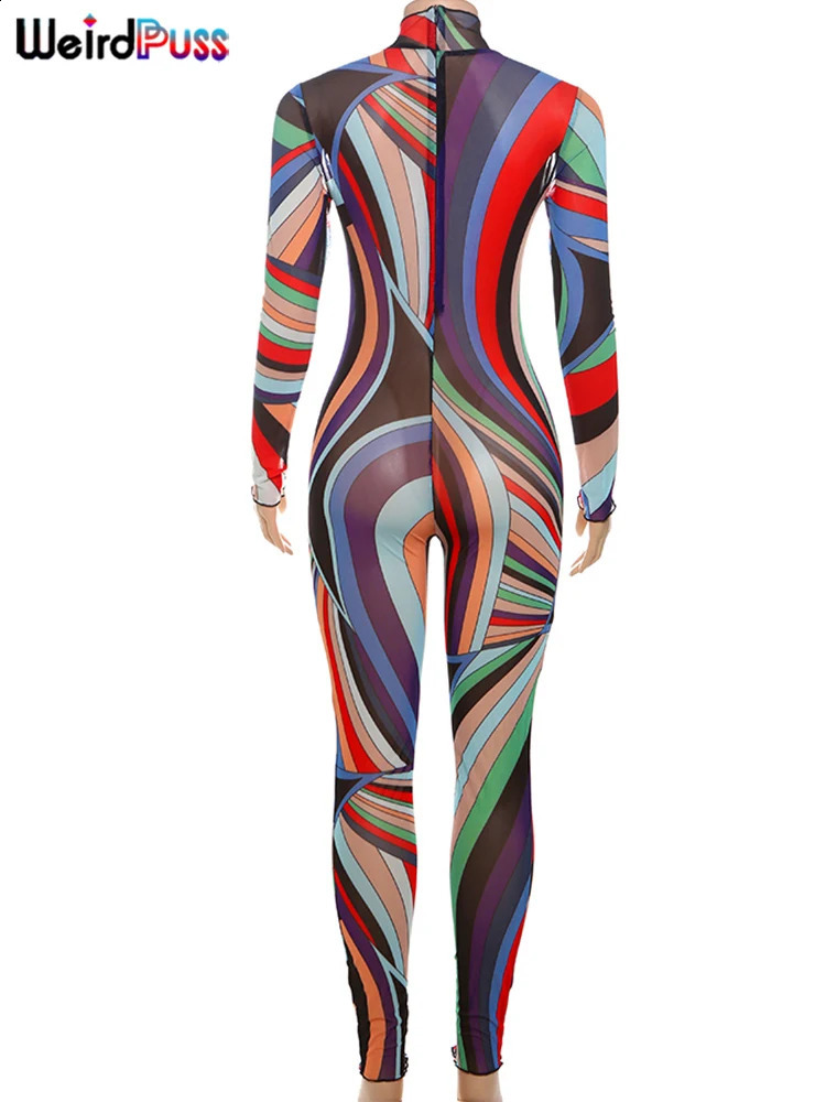 Weird Puss Sexy Colorful Print Jumpsuit Women Mesh Zip Y2K Full Sleeve O-Neck Turtleneck Trend Skinny Stretch Workout Overalls 250319