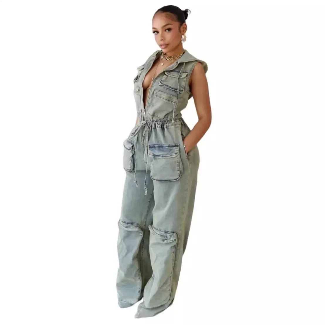 Vintage Denim Overalls Jumpsuit Rompers Women Belted Pocket Punk Y2k E-girl Casual Work Pants Jeans Long Pants Streetwear 250319