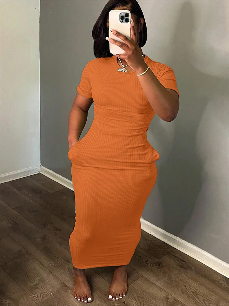 Plus Size 2024 Summer Round Neck Short Sleeve Ultra Thin Spicy Girl Fashion Solid Casual Tight Dress 250319