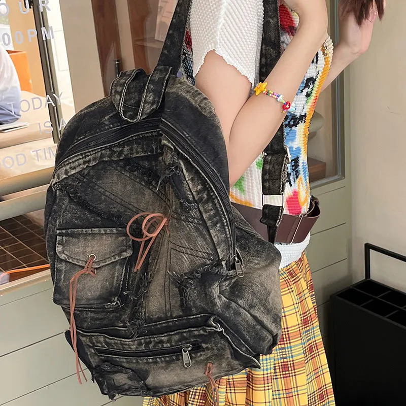 Washed Denim Womens backpack Large Capacity y2k Fashion er big Travel Bag Girls Daypack bagpack casual bag 250318