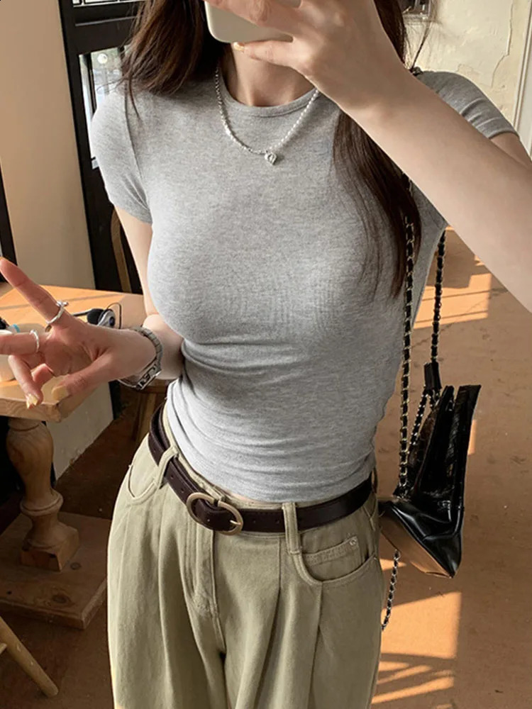 Basic Solid Crop Top Short Sleeve Crewneck Skinny T-shirt Summer Casual Tee for Women y2k Vintage Top Harajuku Streetwear 250319