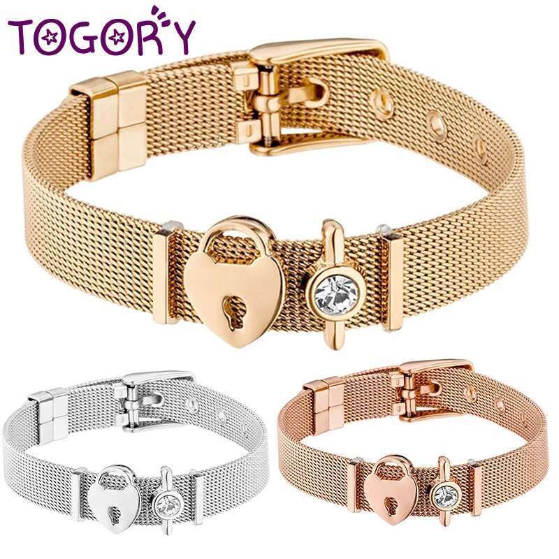 Silver Color Stainless Steel Mesh Bracelet Set Rose Gold Love Lock Beads Bracelet for Woman Girlfriend Fashion Jewelry Gift