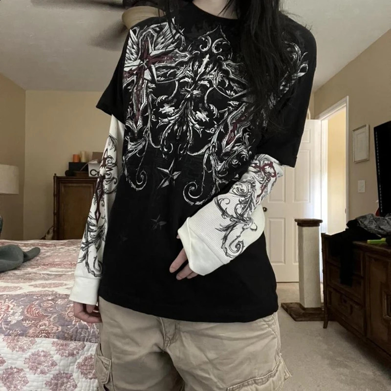 E-girl Gothic Grpahics Print T Shirt Vintage Grunge Mall Goth Pullovers Top Patchwork Long Sleeve Tees Y2K Dark Academia Clothes 250319