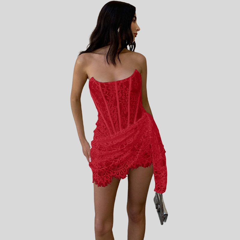 Autumn new women's clothing sexy lace mesh one-word shoulder tube top micro-transparent slim dress women
