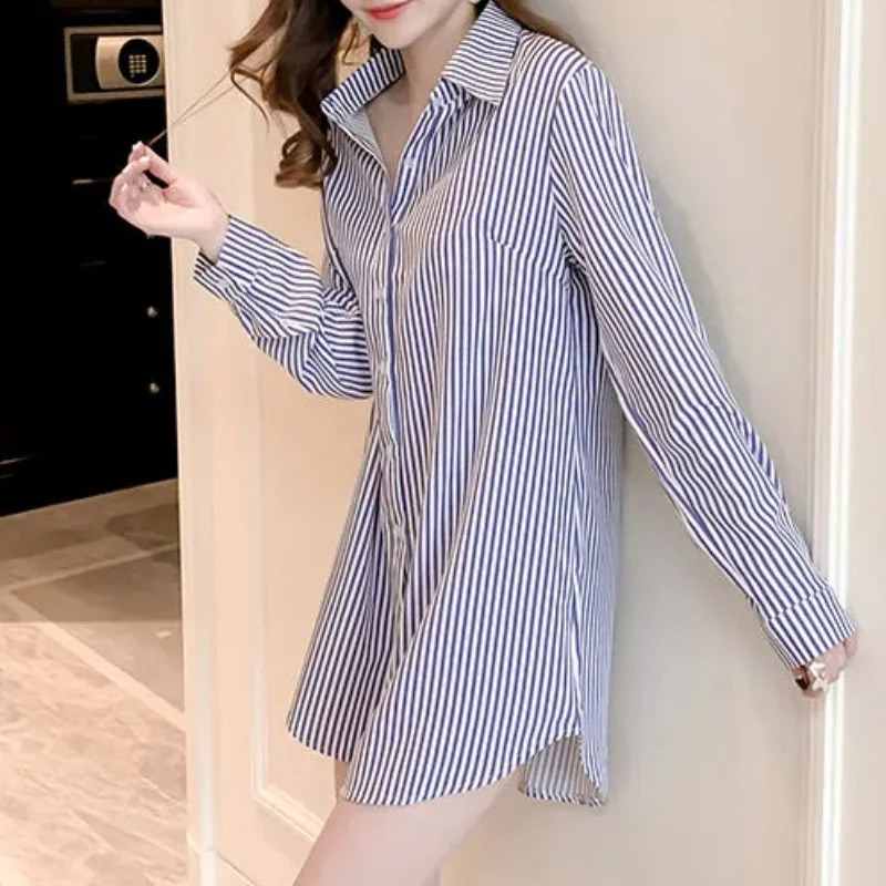 Plus size womens striped shirt and loose long sleeved top Korean fashion casual office ladies matching elegant 250319