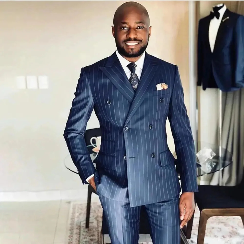 High Quality Double Breasted Men Suits Formal Occasion Lapel Blue Stripe Outfits Elegant Office 2 Piece Jacket Pants Blazer 250311