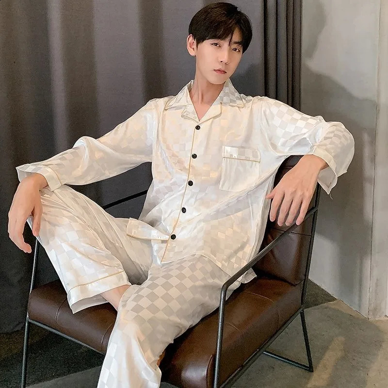 Fashion Pajamas Mens Spring and Autumn Long sleeved Pants Pajamas Youth Thin Ice Silk Summer Casual Set Pajamas 250317