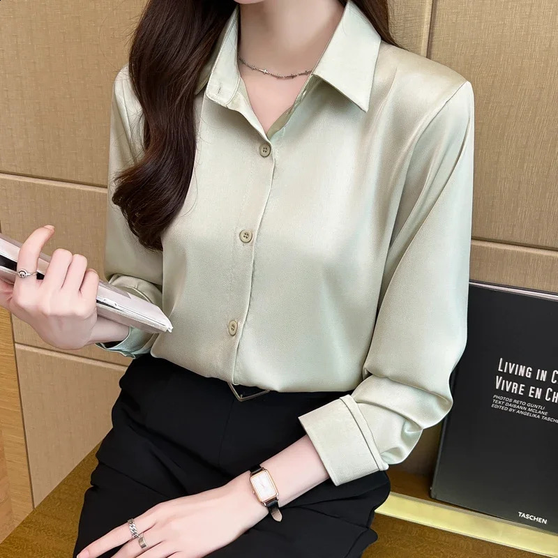 Spring Autumn Elegant Satin Womens Blouse 2025 Long Sleeve Single Breasted Korean Casual Loose Office Shirts Female 250318