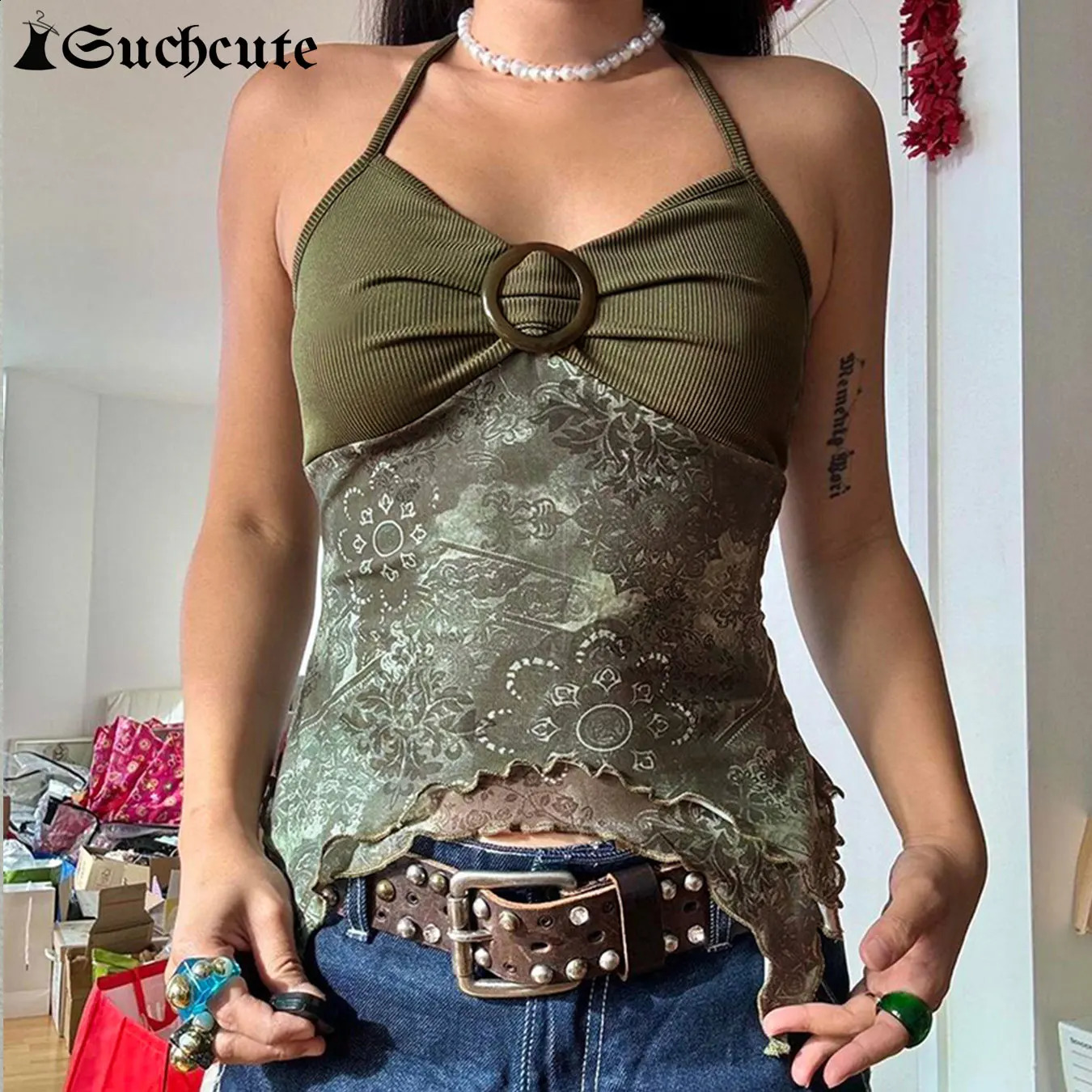 SUCHCUTE Boho Vintage Print Crop Tops Fairycore Grunge Sexy Backless Camisole for Women Harajuku Irregular Halter Neck Vest Y2k 250319