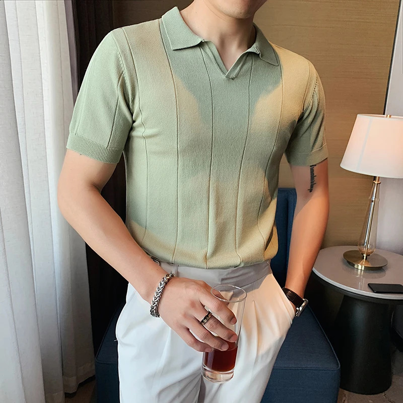 British style V-neck polo shirt mens summer short sleeved knitted tee fashion lapel solid color slim fit business casual polo 250318