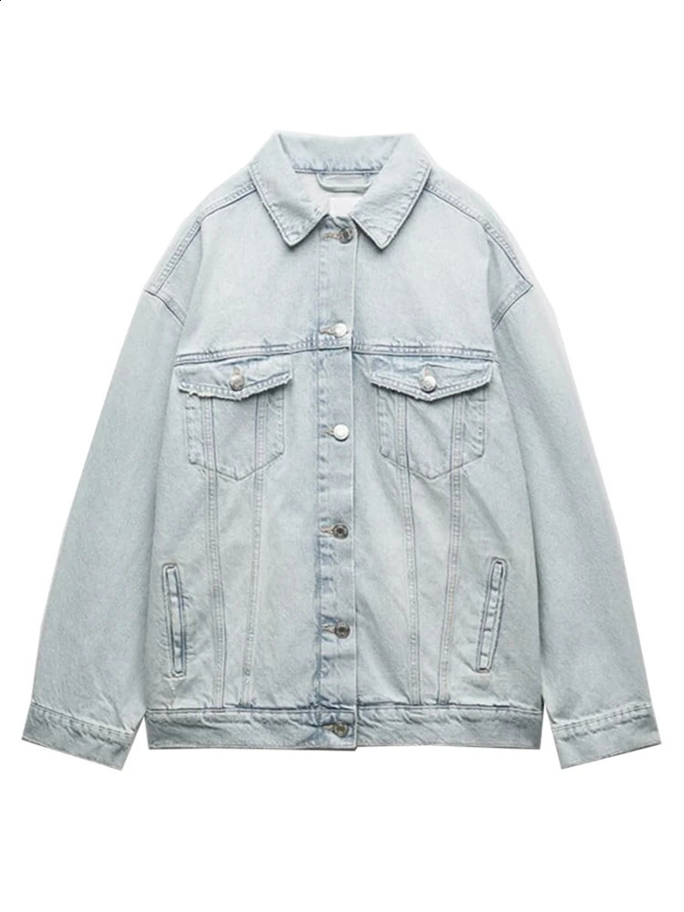 TRAF Womens Fashion Vintage Washed Denim Jacket Single Breasted Long Sleeve Lapel Hundreds of Bottom Shirt 250319