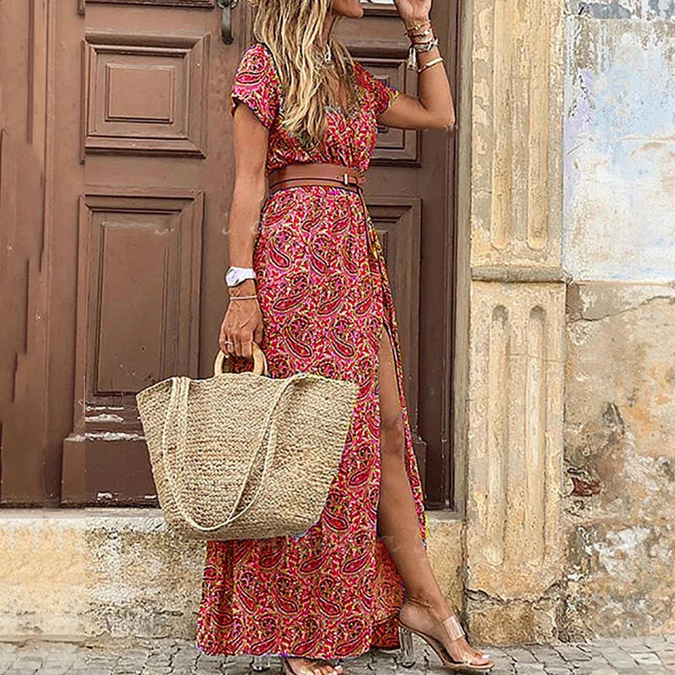 2024 Summer Dress Beach Bohemian Dresses Female Elegant Plus Size Slit Short Sleeve Waist Belt n Women Clothing 250319