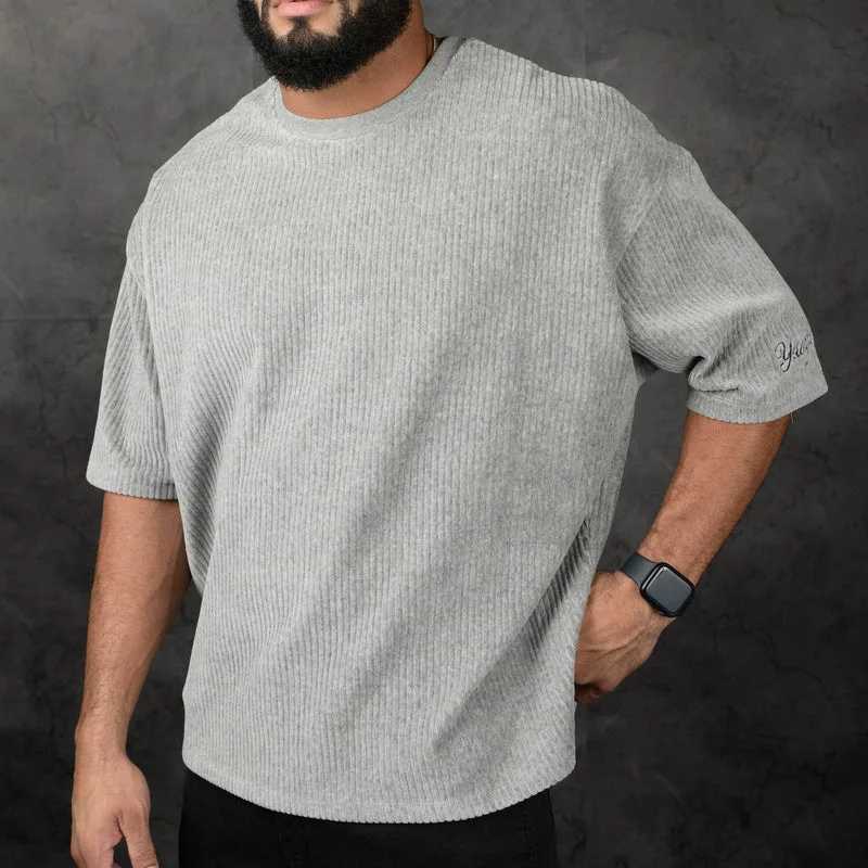 2024 New Fitness Sports Exercise Mens Corduroy Loose T-shirt Summer Crewneck Cotton Running Loose Short SleeveT250318