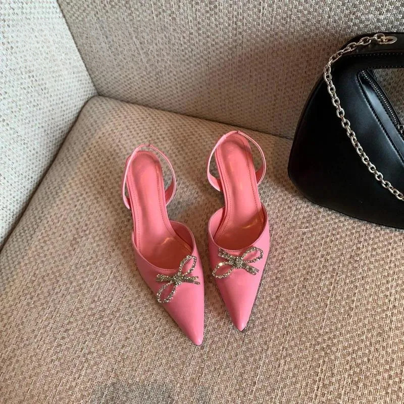 2025 S Fashion Designer Sandals Elastic Back Strap Women High Heel Shoes Ladies Elegant Office Pumps Summer Crystal Slippers Bow Loafers