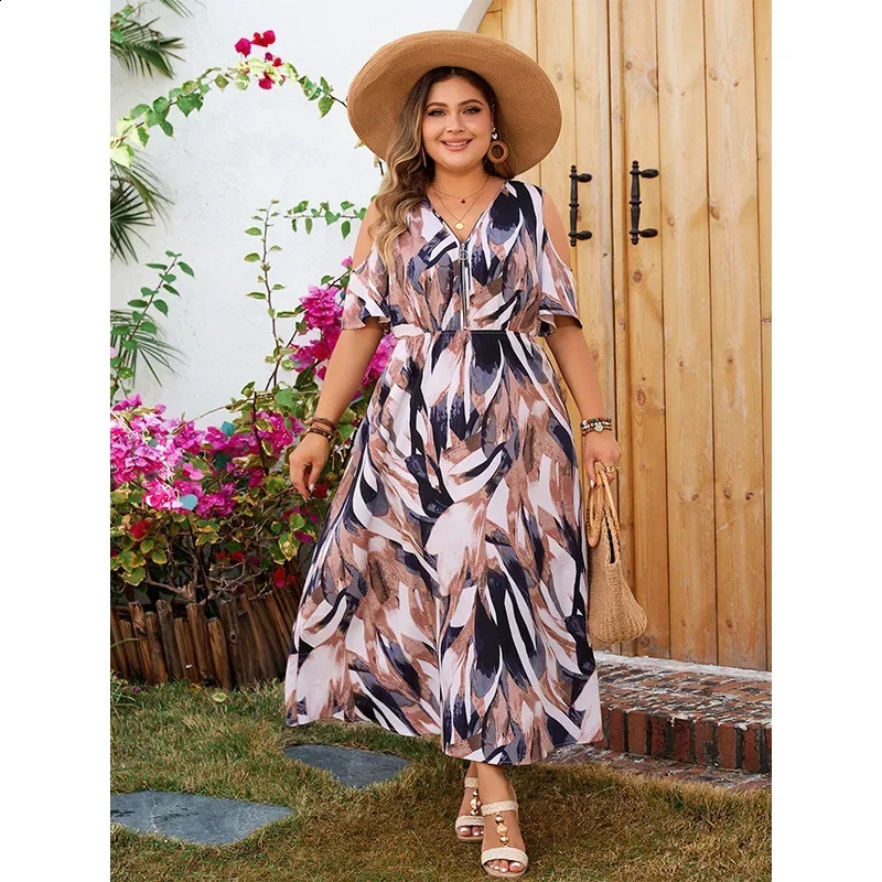 Plus size cold shoulder zipper Vneck womens dress short sleeved Aline bohemian pants casual loose vacation suit 250319