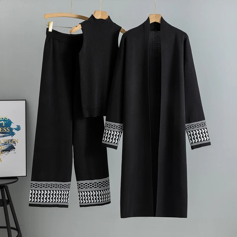 Casual Knitted 3Piece Warm and Open Sweater Tank Top Wide Leg Pants Set Spring 2025 250319