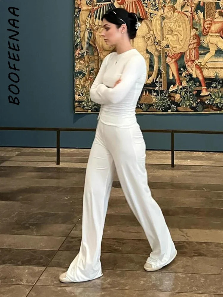 BOOFEENAA Fall Winter 2 Piece Set Long Sleeve Top Wide Leg Pants Suit Casual Clothing Cozy Lounge Sets Women Outfit C85-DZ40 250319