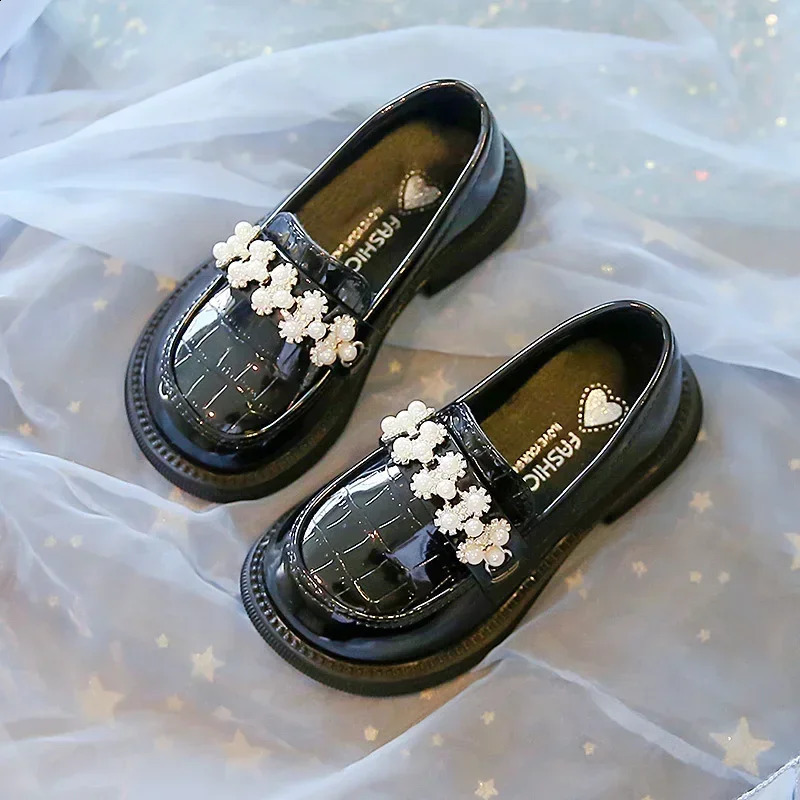 Kids PU Leather Shoes Spring Autumn Fashion Girls Pearls Casual Princess Flats Soft Loafers School Student Children Black Beige 250319