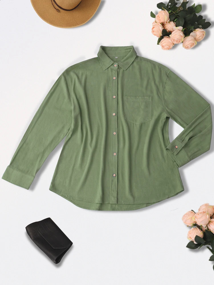 2025 SpringSummer Womens Long Sleeve Collar Button Regular Edition Solid Color Cotton Linen Shirt 250319