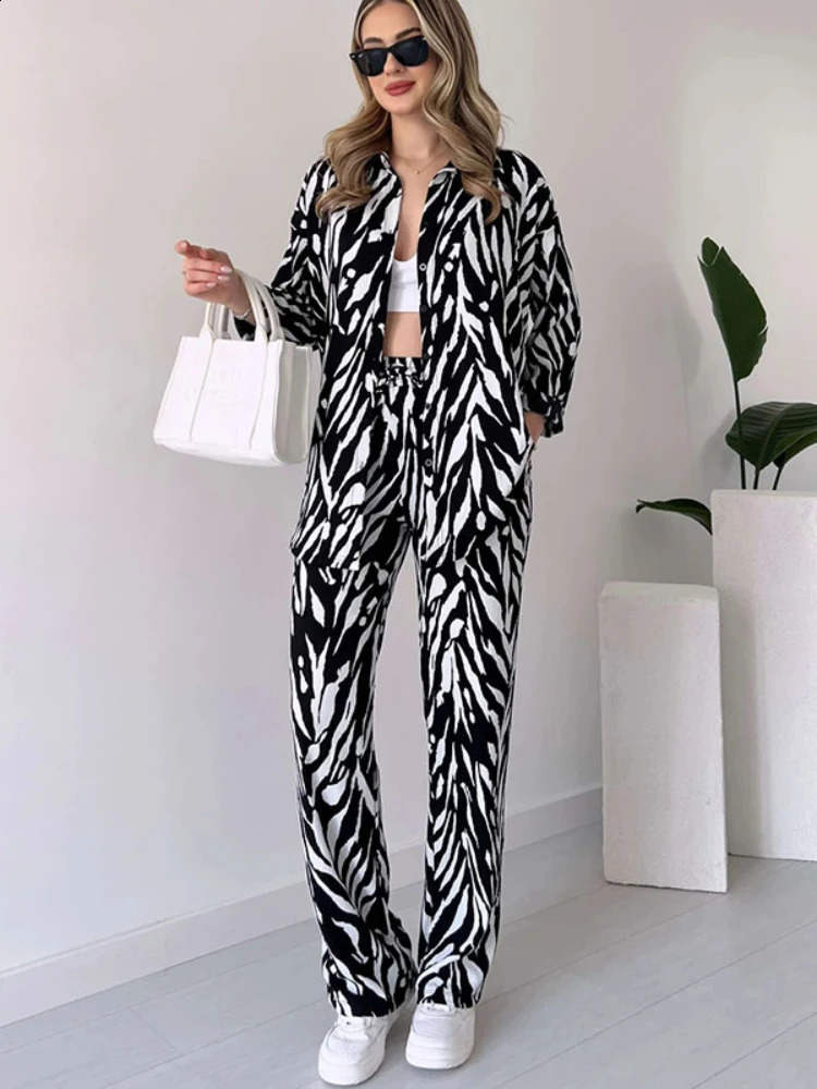 Womens 2piece Set Casual Daily Shirt Fashion Spring Summer Printed 2 Piece Outfit Wide Leg Pants Twopiece 250319