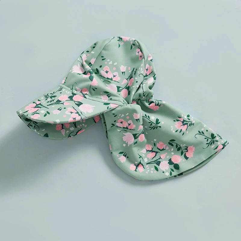 Baby Girl Swimsuit Ruffle Sleeve Floral Print Swimwear with UPF 50 Sun Protection and Matching Hat 250319