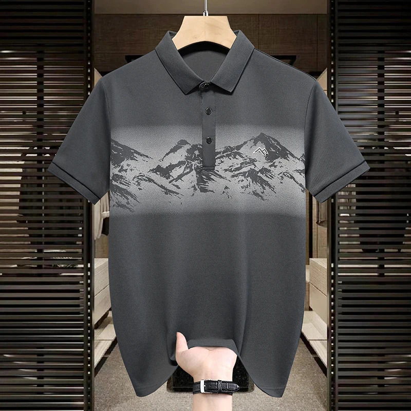 Summer Mens POLO Printed Collar Top Fashionable Business Casual Ice Silk Elastic Quick Drying Short Sleeve T-shirt 250317