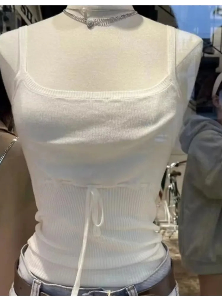 Casual womens cotton white ribbed knitted lace top summer fashion ultra-thin vest womens sleeveless solid color top 250314