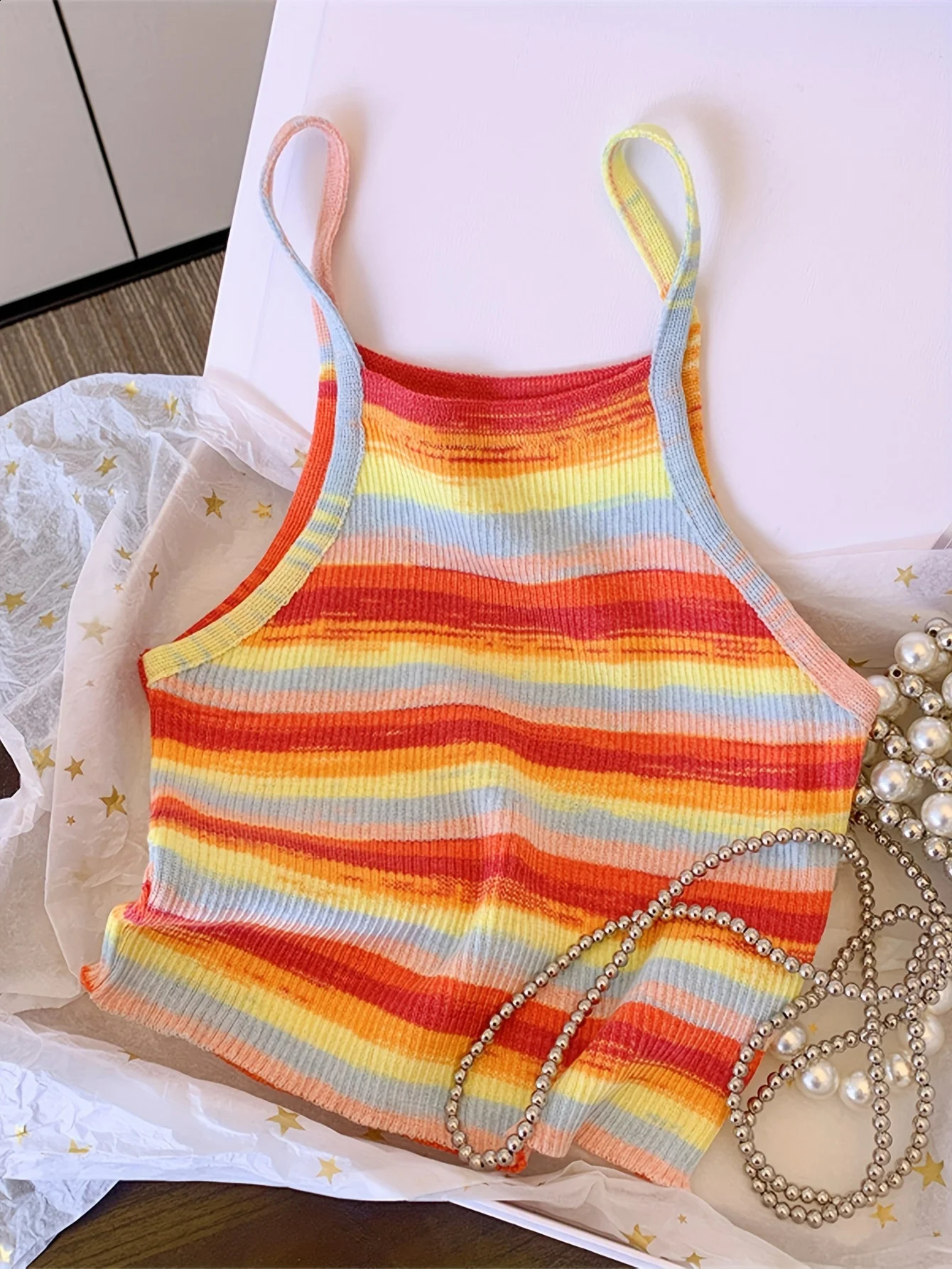 2024 Comfortable and Stylish Striped Ribbed Knit Cami Top for Women Sleeveless Square Neck Casual Rainbow Crop 250311Z