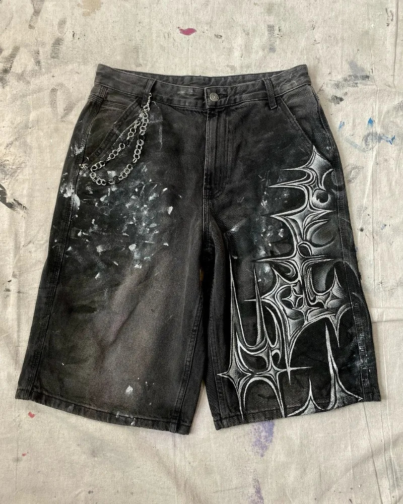 Y2K Harajuku Fashion Oversized Geometric Print Denim Short Men Vintage Gothic Hip Hop Casual Joker High Waist Shorts 250319