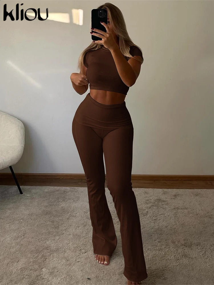 kliou Casual Solid 2 Piece Set Women Classic Short Sleeve O-neck Slim Crop Tees High Waist Trousers Female Summer Outfits 250319